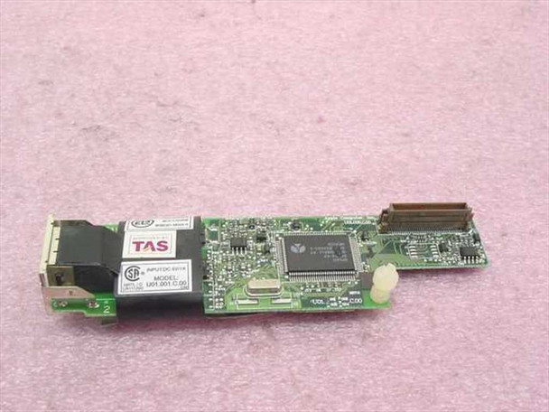 Apple Ambit U01.001.C.00 56K iMac modem card – reverse side showing RJ-11 phone jack port connector, main processor chip, and model label U01.001.C.00