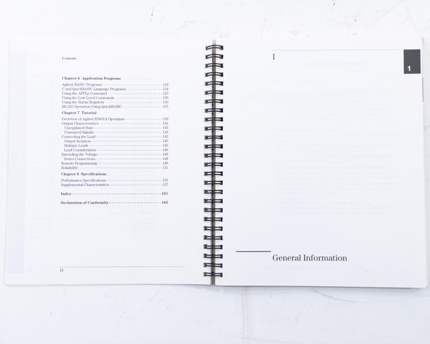 HP Agilent E3631A User's Guide – table of contents showing chapters on Application Programs, Tutorial, E3631A Operation, Specifications, and Declaration of Conformity; Chapter 1 General Information tab visible