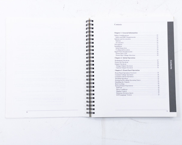 HP Agilent E3631A User's Guide – table of contents showing chapters on General Information, Initial Operation, and Front-Panel Operation