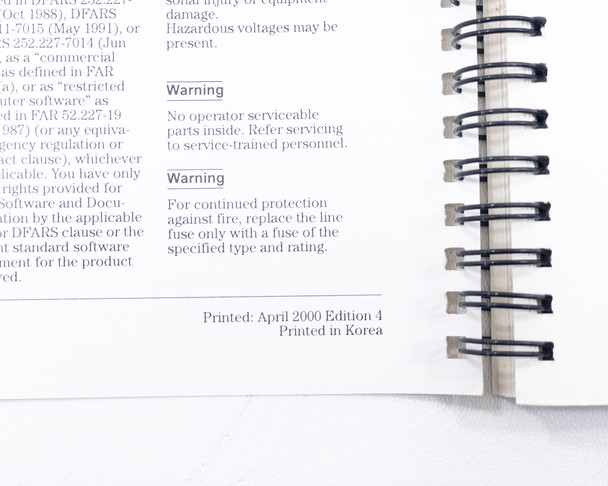 HP Agilent E3631A User's Guide – inside page showing printed edition identifier: Printed April 2000 Edition 4, Printed in Korea