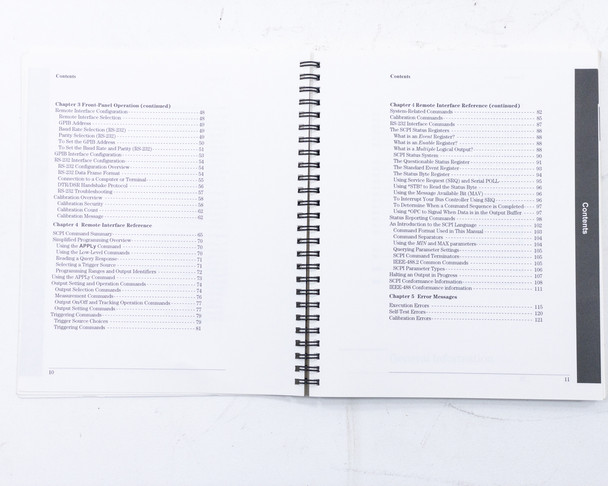 HP Agilent E3631A User's Guide – table of contents showing chapters on Remote Interface Reference and Error Messages