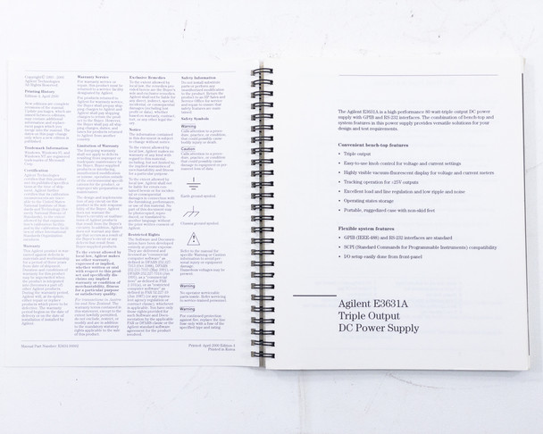HP Agilent E3631A User's Guide – introductory page showing product overview, bench-top features, and flexible system features including GPIB, RS-232, and SCPI