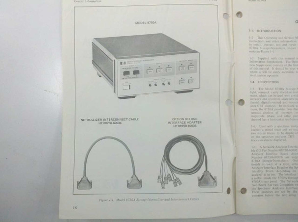 HP 8750A Storage-Normalizer manual interior page showing Model 8750A unit illustration, Normalizer Interconnect Cable HP 08750-60024, and Option 001 BNC Interface Adapter HP 08750-60025