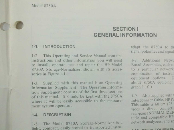 HP 8750A Storage-Normalizer manual interior page showing Section I General Information with introduction and description text