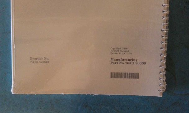 HP 70311-90000 manual rear inside cover showing Reorder No. 70311-90000, Manufacturing Part No. 70311-90000, Copyright 1991 Hewlett-Packard, Printed in UK