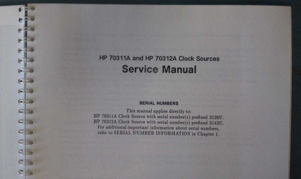 Interior title page: HP 70311A and HP 70312A Clock Sources Service Manual with serial number applicability — 3120U and 3143U prefixes