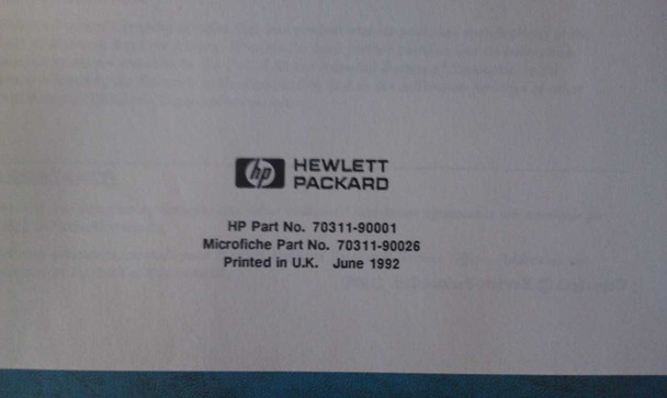HP title page showing Part No. 70311-90001, Microfiche Part No. 70311-90026, printed in U.K. June 1992