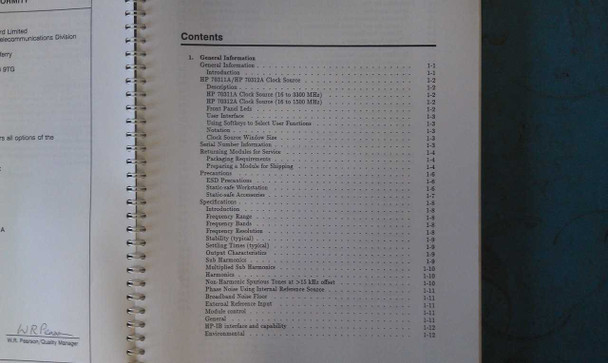 Table of contents page showing General Information chapter including specifications, frequency bands, and harmonics sections