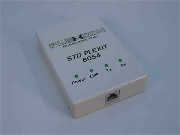 Plexcom STD Plexit 8054 10Base-T Ethernet transceiver – front-left angle showing Power, Link, Tx, Rx LEDs and RJ45 port