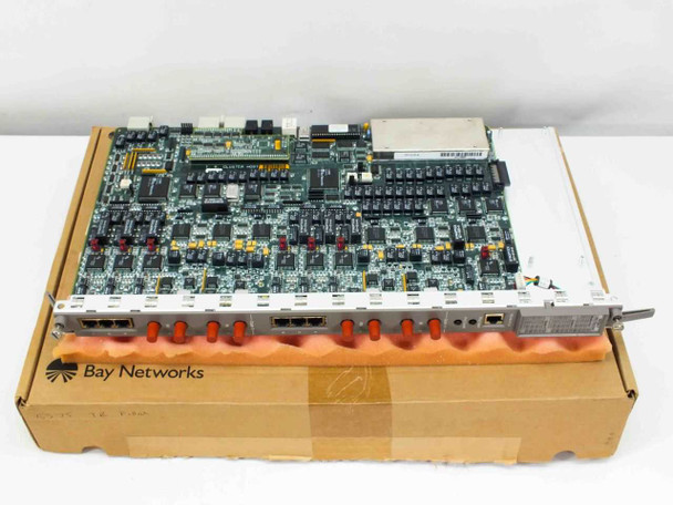 Bay Networks 5575A-F Token Ring Dual Fiber Repeater Cluster Host Module shown on original Bay Networks box, front panel facing up with red fiber port caps visible