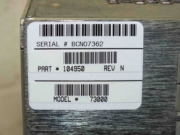 Wellfleet 73000 identification label showing Serial Number BCN07362, Part Number 104950 Rev N, Model 73000