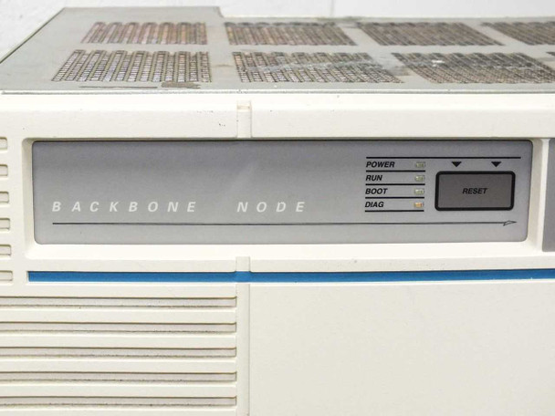 Wellfleet 73000 BCN front panel close-up showing POWER, RUN, BOOT, DIAG indicator LEDs and RESET button