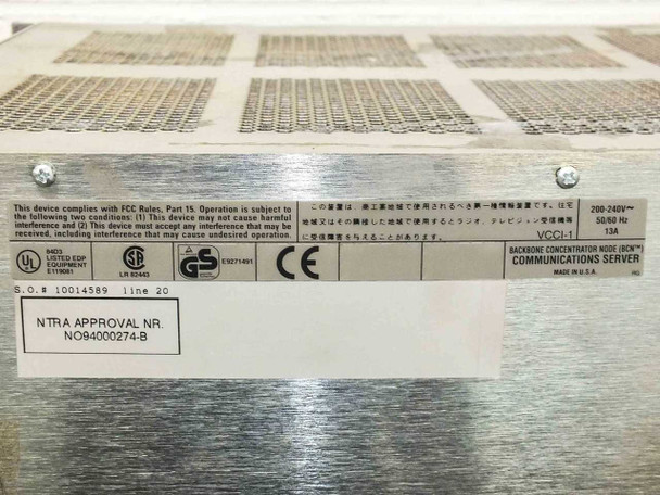 Wellfleet 73000 BCN bottom compliance label showing VCCI-1, FCC, UL, CE, GS, TÜV markings and 200-240V 13A rating