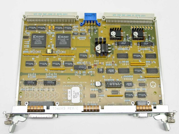 Bay Networks SRML 75000 System Resource Module — top-side PCB view showing two Xilinx FPGA chips, memory ICs, and card-edge connectors