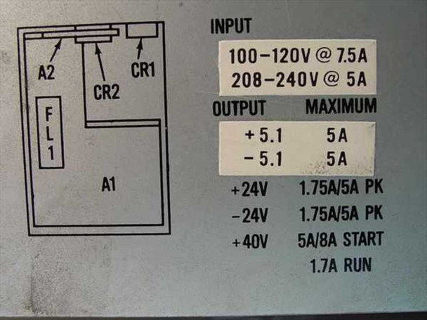 Control Data 81542300 power supply specification label showing input 100-120V @ 7.5A / 208-240V @ 5A and output voltages +5.1V, -5.1V, +24V, -24V, +40V