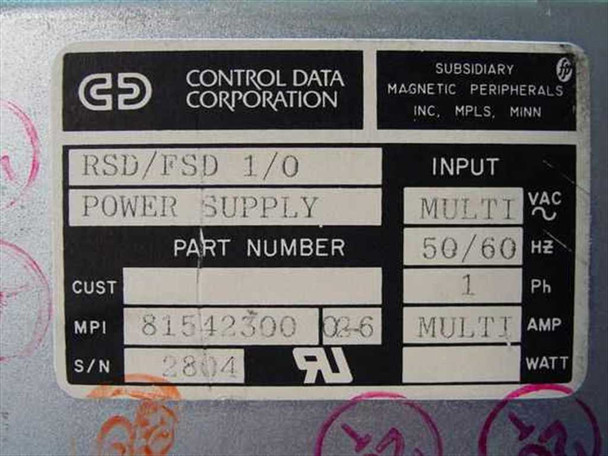 Control Data Corporation nameplate label on 81542300 power supply showing MPN 81542300 02-6, RSD/FSD I/O designation, and UL mark