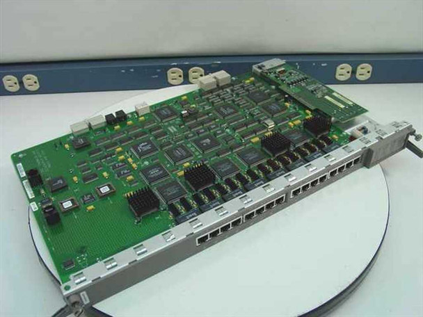 Nortel Bay Networks 5455 CL3104006 QENet Com Card — top view showing populated green PCB with multiple ICs, small daughter card installed at rear, and bracket with RJ45 ports along right edge