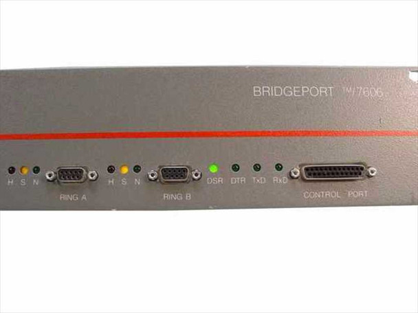 Andrew Bridgeport 7606 front panel detail showing Ring A (DB-9) and Ring B (DB-9) ports with H/S/N LED indicators and 25-pin Control Port with DSR/DTR/TxD/RxD LEDs
