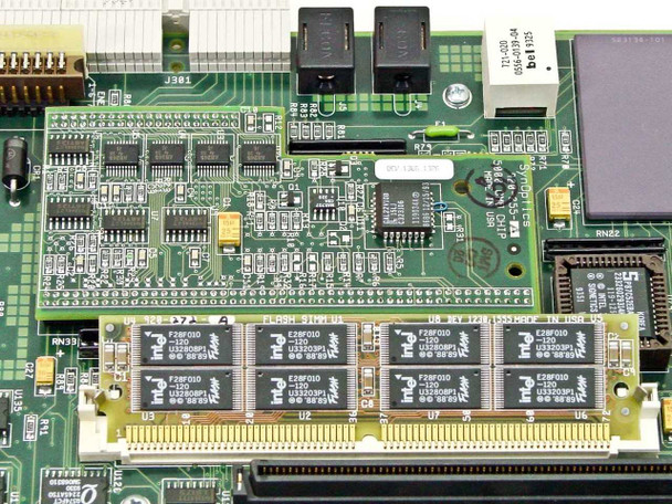 Bay Networks 5310A board – Intel E28F010 flash memory chips and secondary daughter card area close-up