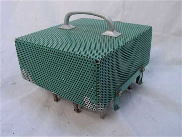 Utah Research Development Cell Scan Fixture 371AS138 – rear three-quarter view showing green perforated enclosure, carry handle, and spring-loaded contact pins protruding from bottom