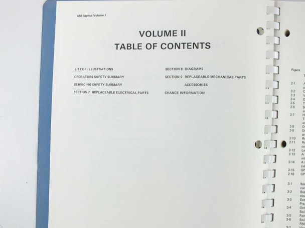 Tektronix 468 Service Manual – Volume II Table of Contents page visible, listing Sections 7–9: Replaceable Electrical Parts, Diagrams, Replaceable Mechanical Parts