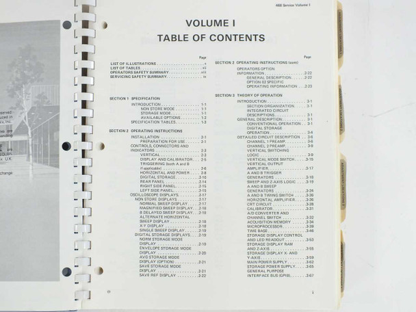 Tektronix 468 Service Manual Vol I – Table of Contents page showing Sections 1 through 3: Specifications, Operating Instructions, Theory of Operation