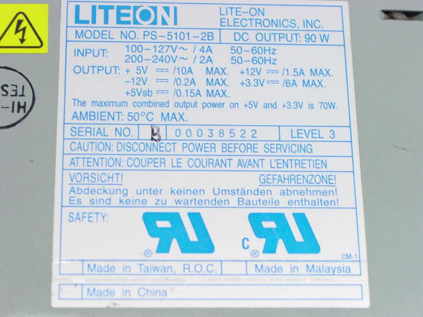 Lite-On PS-5101-2B rating label showing 90W DC output, 100-127V/200-240V input, output rails, serial number 00038522, UL markings, Made in Taiwan