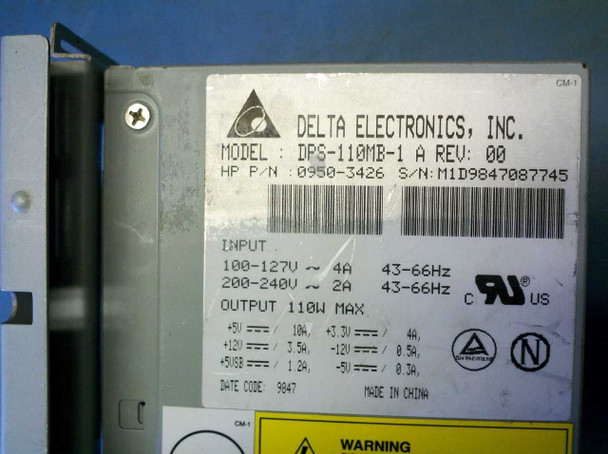 Delta Electronics DPS-110MB-1 A label showing HP P/N 0950-3426, input/output specs, 110W max, date code 9847