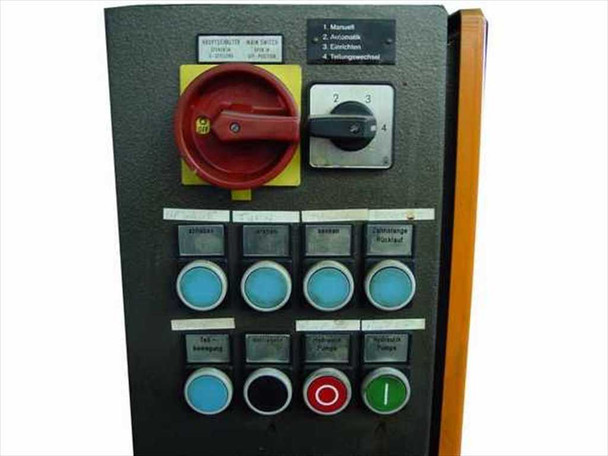 Rexroth Fibro UFMS controller panel — rotary main switch (red handle), 4-position selector switch, and array of illuminated push-button controls with German-language labels