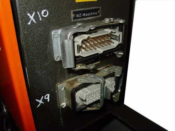 Rexroth Fibro UFMS controller cabinet side panel — heavy-duty multi-pin machine connectors labeled X10 (WZ-Maschine) and X9