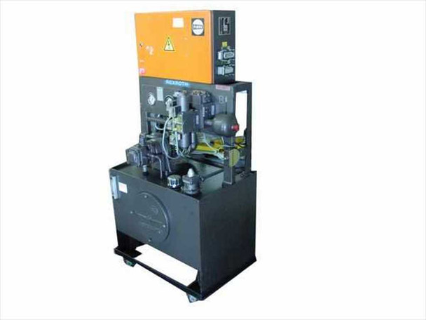 Rexroth Fibro UFMS Hydraulic Supply Unit — full front view of complete system, orange controller cabinet mounted above gray hydraulic reservoir/pump base on casters