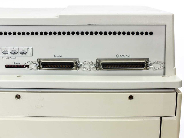 Tektronix Phaser IIsd 4684 upper rear panel – Parallel (Centronics 36-pin) and SCSI Disk (Centronics 50-pin) ports with Status LED bar