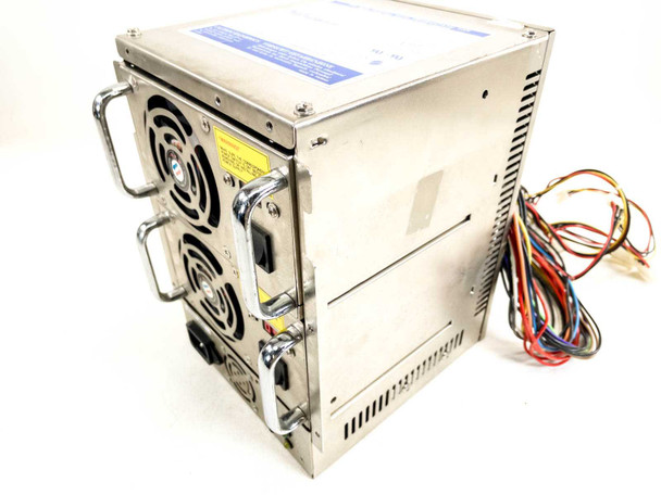 Topower TOP-RS1A – side/rear angle view showing stainless steel chassis and ATX output wiring harness with multicolor leads