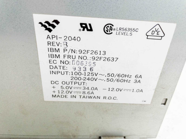 IBM API-2040 specification label showing FRU 92F2637, P/N 92F2613, Rev B, 100-240V input, DC output ratings