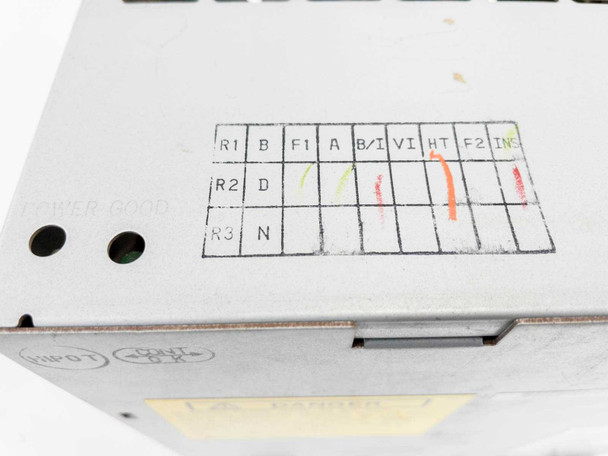 IBM API-2040 power supply – top panel showing configuration tracking grid with handwritten marks and Power Good label