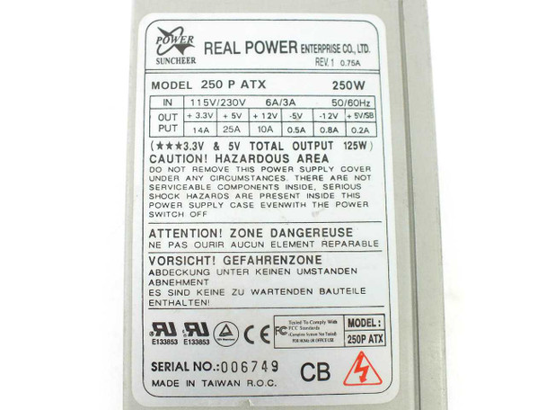 Real Power 250P ATX 250W power supply — rating label showing 115V/230V input, all output rails, UL/FCC/CE certifications, Rev 1.75A, made in Taiwan