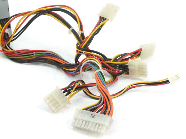 Power Man HP-A1463F5 — close-up of output connector harness including 20-pin ATX main connector and multiple 4-pin Molex peripheral connectors
