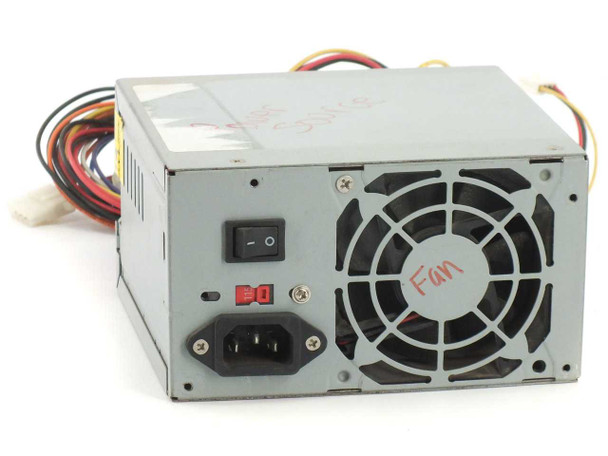 Moyetec MPA-300A 300W ATX power supply – rear view showing IEC power inlet, on/off switch, voltage selector, and 80mm exhaust fan with handwritten label