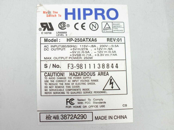 Hipro HP-250ATXA6 235W ATX power supply – specification label showing AC input, DC output ratings, Rev 01, and serial number