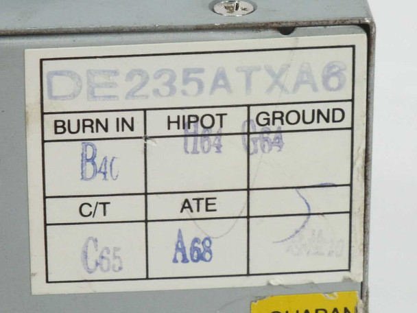 Hipro HP-250ATXA6 235W ATX power supply – QC test label showing burn-in, hipot, ground, and ATE test records