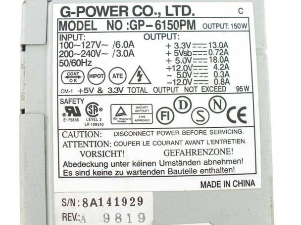 G-Power GP-6150PM 150W ATX power supply — rating label showing model GP-6150PM, 150W output, full voltage/amperage specs, S/N 8A141929, Rev A