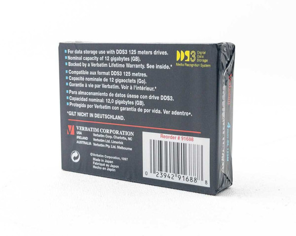 Verbatim DL-125M DDS-3 cartridge box rear panel showing specs and barcode reorder 91688