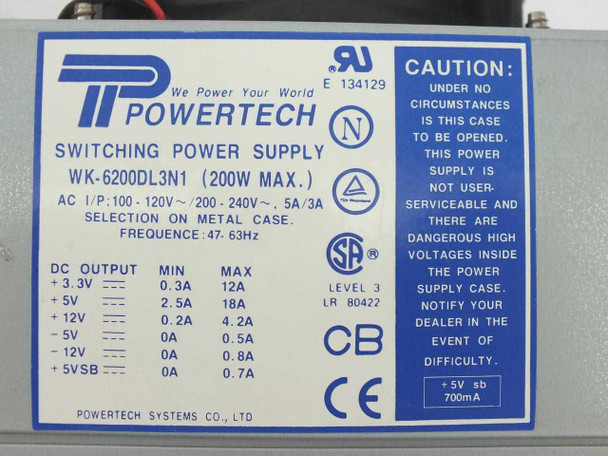 Powertech Systems WK-6200DL3N1 switching power supply — specification label showing 200W max, 100–240V input, full DC output ratings, and UL/CE/CB certifications