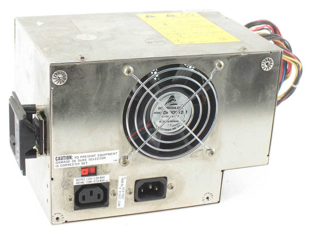 Delta Electronics DSP-200EB-1H AT power supply – rear panel view showing IEC AC input, voltage selector switch, cooling fan with guard, and caution label