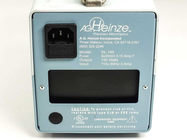 A.G. Heinze DL-150 rear panel close-up — IEC inlet, rating label showing 115V 60Hz 3A input, 150W output, UL listed laboratory equipment