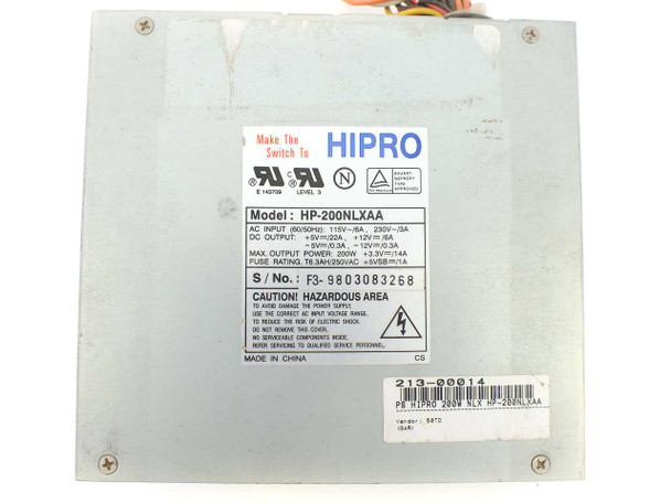 Hipro HP-200NLXAA 200W ATX power supply – label showing model number, AC input, DC output specs, serial number, and certifications