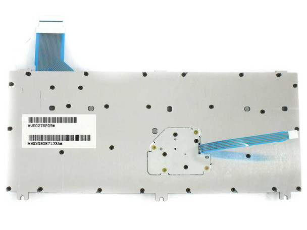 Toshiba P000197540 laptop keyboard rear view – metal backplate with flat flex cable and barcode labels UE0276P09