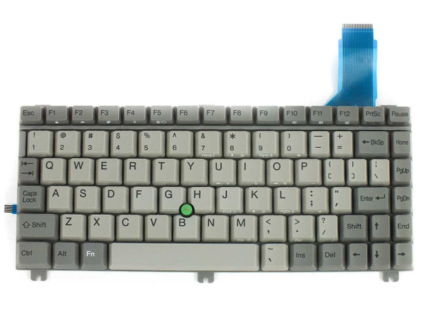 Toshiba P000197540 laptop keyboard front view – gray QWERTY layout with green TrackPoint nub, flat flex cable attached