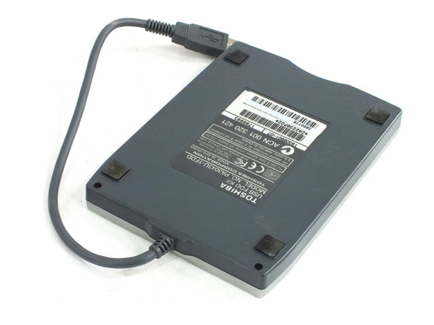 Toshiba PA3043U-1FDD external USB floppy drive – bottom/rear label view showing model and compliance markings