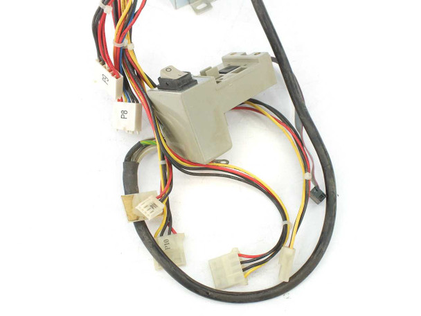 AST Bravo 4/33 power supply cable harness detail showing Molex peripheral connectors, power switch, and LED indicator leads